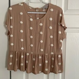Yuni Los Angeles blouse top shirt babydoll peplum womens size large pompom